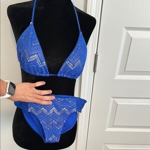 Luli Fama Blue and Gold Crochet Bikini Set